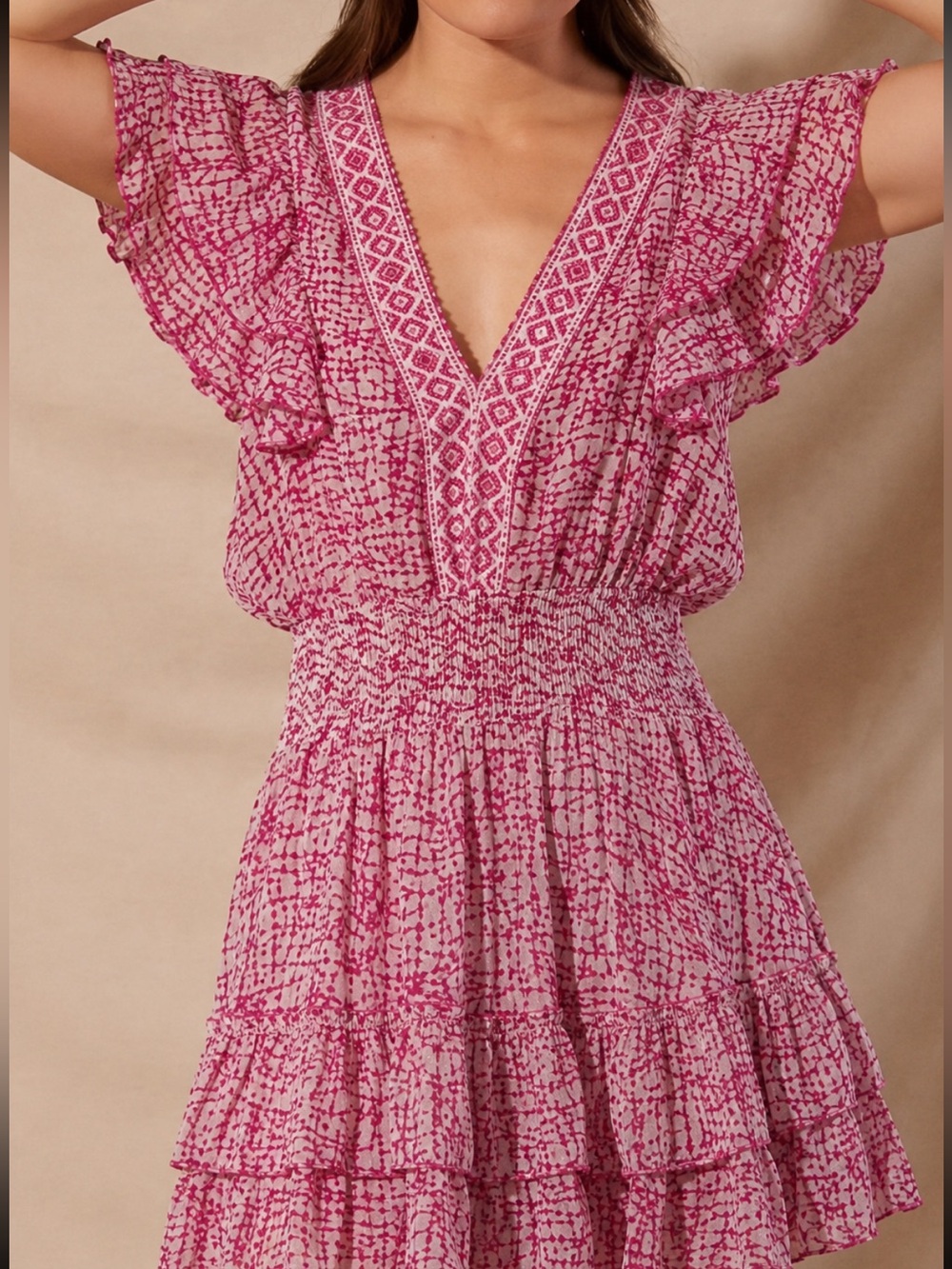 Poupette St. Barth Dress Camila Mini Ruffle Tiered in Pink Print - Picture 1 of 4
